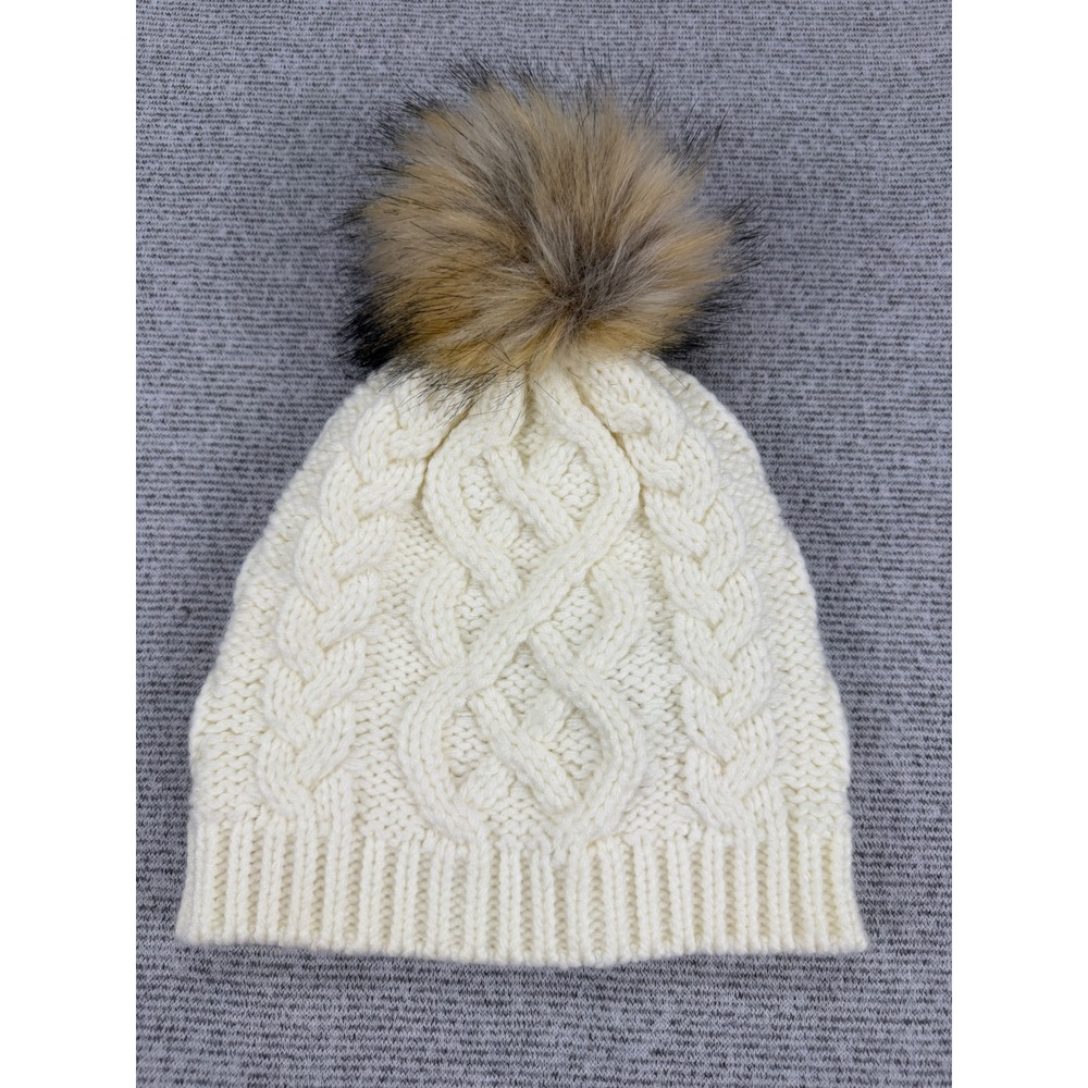 J.Crew Women Ivory Cable Knit Beanie Faux Fur Pom Pom Winter Hat One Size